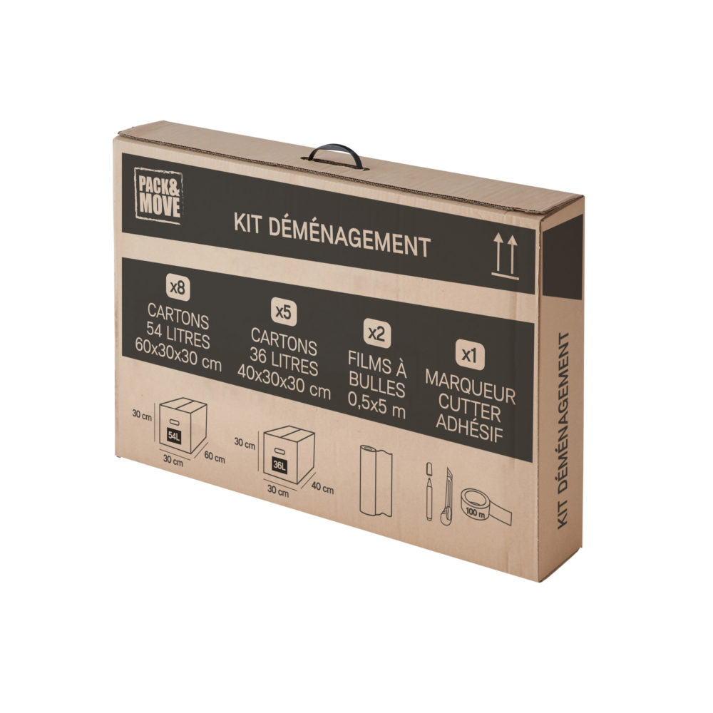 Kit de déménagement pour T1 comprenant des cartons de différentes tailles, du papier bulle, un cutter, un marqueur, et du ruban adhésif, idéal pour un déménagement facile et organisé.