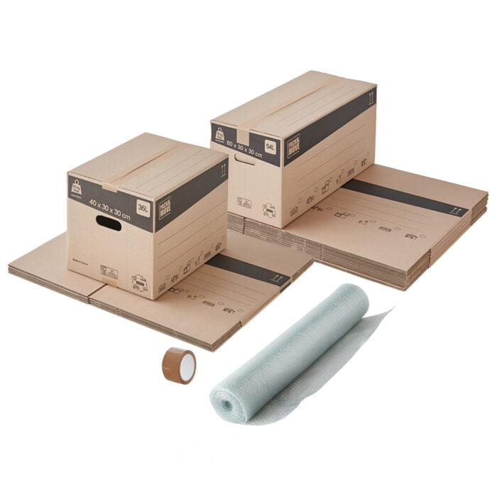 Kit de déménagement économique comprenant des cartons solides, du ruban adhésif, et du papier bulle, parfait pour un déménagement pas cher et facile.