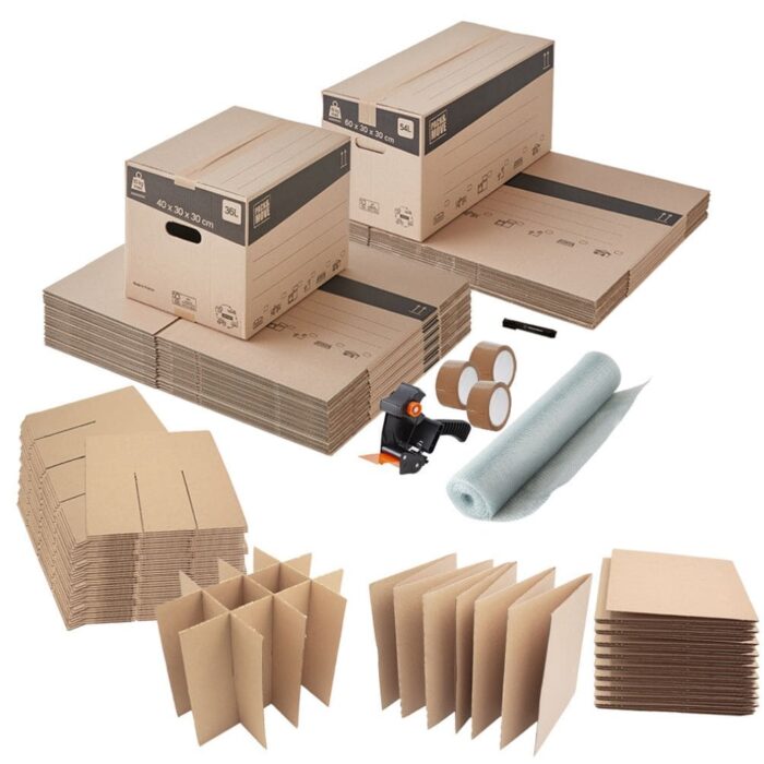 Kit de déménagement complet comprenant des cartons de différentes tailles, du papier bulle, un cutter, un marqueur, du ruban adhésif, et des couvertures de protection, idéal pour un déménagement facile et organisé.