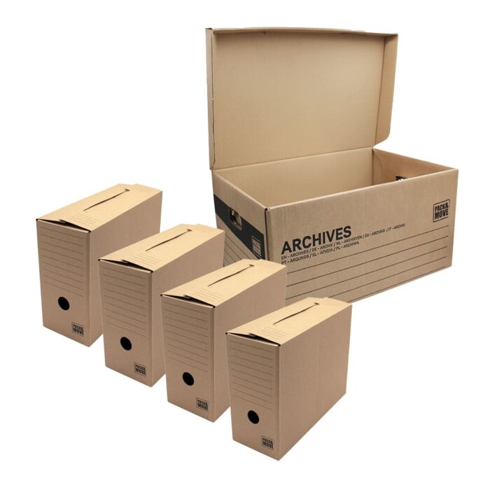 Kit de stockage d'archives taille M comprenant des boîtes d'archives et une caisse de stockage robuste, idéal pour ranger et protéger vos documents importants.