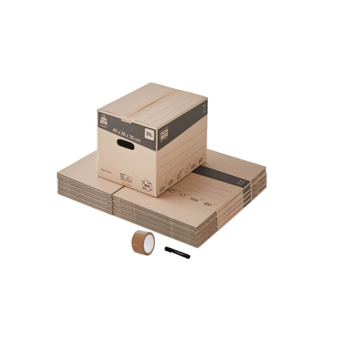 Kit complet de déménagement incluant 20 cartons de 36L, un rouleau d'adhésif et un marqueur, idéal pour emballer et organiser vos affaires avec simplicité.